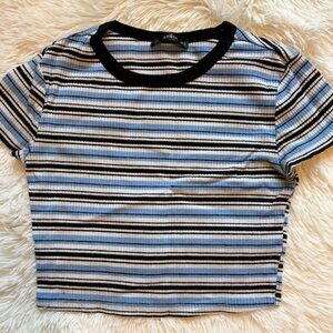 SHEIN Black, White, and Blue Striped Ribbed Crop Top